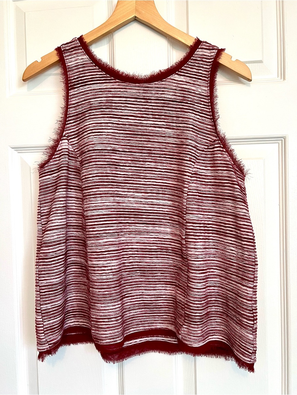 Vanessa Virginia Anthropologie Crimson Red White Stripe Tank Top Raw Fringe Trim